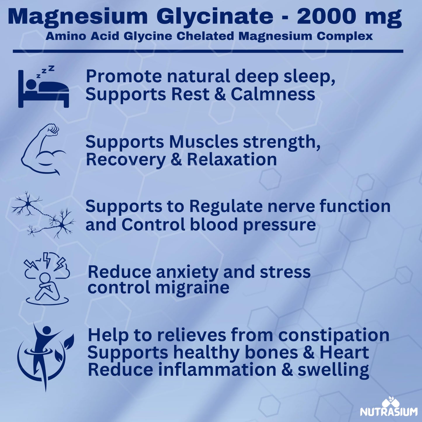 Nutrasium | Magnesium Glycinate 2000 mg | Chealated Magnesium Supplement For Natural Sleep, Muscle Relaxation, Nerve Function, Heart & Bone Health, Stress & Calmness | 120 Tablets