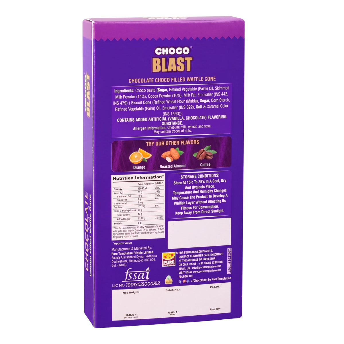 Pure Temptation Chocoblast Chocolate Filled Waffle Cones | Chocolate Gift Pack | Crunchy Chocolate Snack | Individually Wrapped Bites | Premium Chocolate Box for Kids & Adults (8, Chocolate)