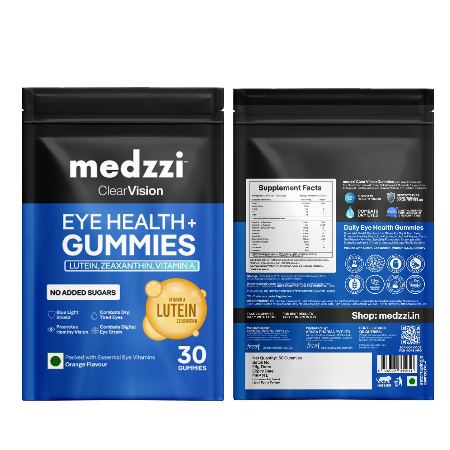 Medzzi Clear Vision Eye Health+ Gummies | Lutein & Zeaxanthin Gummies for Eyes | With Bilberry, Lycopene & Vitamins A, C, E | Reduces Digital Strain and Fatigue from High Screen Time | Orange Flavour | 30 Veg Gummies
