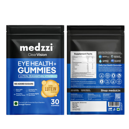 Medzzi Clear Vision Eye Health+ Gummies | Lutein & Zeaxanthin Gummies for Eyes | With Bilberry, Lycopene & Vitamins A, C, E | Reduces Digital Strain and Fatigue from High Screen Time | Orange Flavour | 30 Veg Gummies