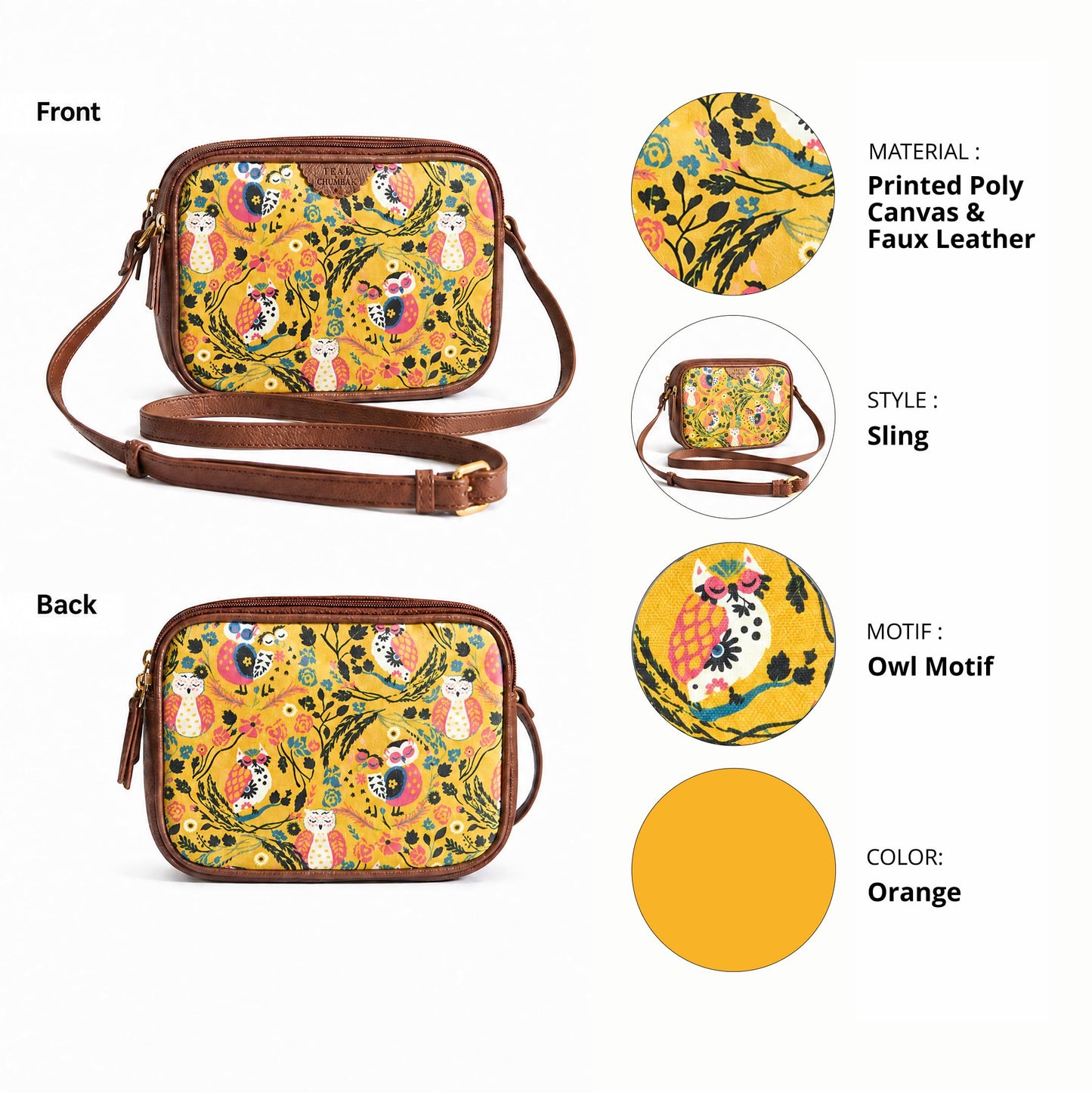 TEAL BY CHUMBAK Women's Sling Bag, Printed Canvas Crossbody Bag with PU Accents, Lightweight and Stylish Shoulder Bag with Zipper Closure for College, Office, Travel and Daily Use