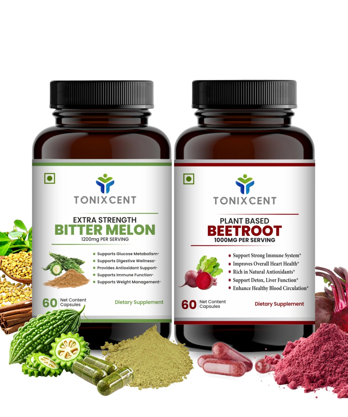 TONIXCENT Glucoroot Flow Blend | Bitter Melon 1200mg + Beetroot 1000mg Capsules Combo | Supports Blood Sugar, Heart Health & Digestion | Rich in Nitrates & Antioxidants | 2 x 60 Capsules each