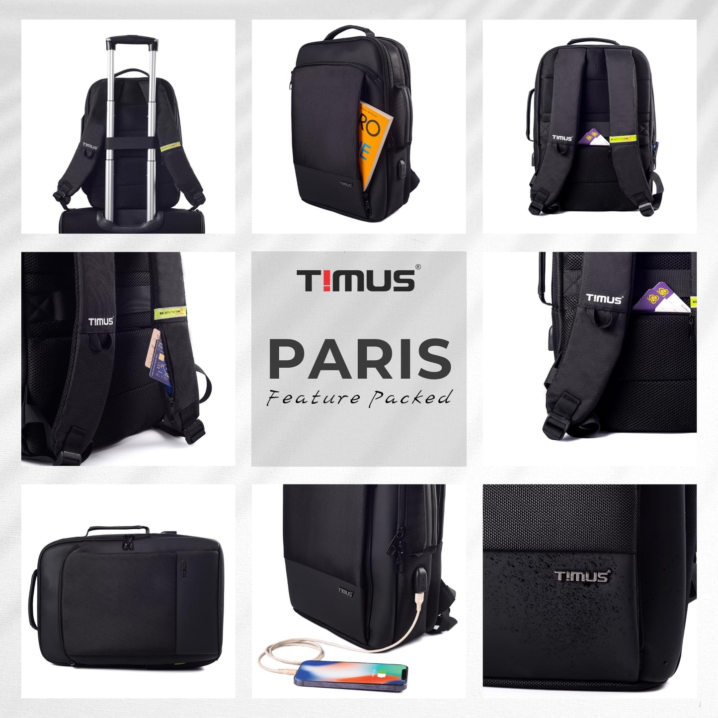 Timus Paris Black Professional Laptop Bag for Men & Women 23 L with 15.6 Inch Laptop Compartment | Water resistant with USB Port Anti-Theft Backpack| Premium Polyester Fabric