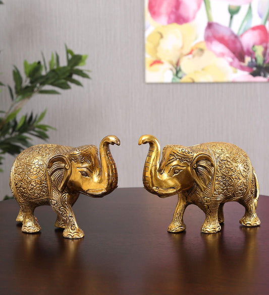 Metal Elephant Statue Small Size Gold Polish 2 pcs Set for Your Home,Office Tabl