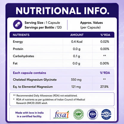 Nutrabud Magnesium Glycinate Supplement - 120 Vegetable Capsules - 550mg for Men, Women | High Absorption Chelated Form for Healthy Muscles, Nerves & Better Sleep (120 Count (Pack of 1))
