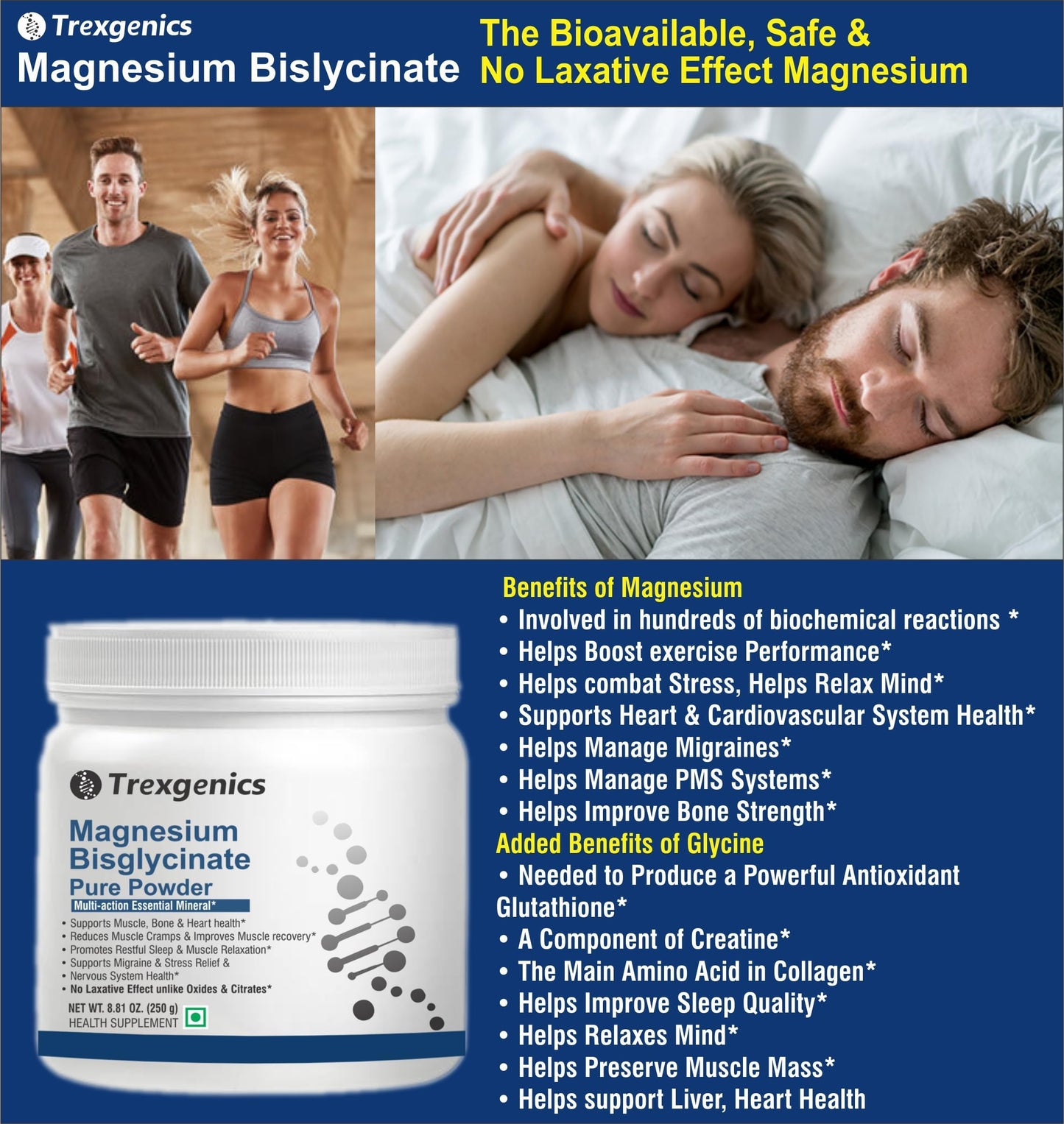 Trexgenics MAGNESIUM BISGLYCINATE PURE POWDER provides a highly bioavialble form of Magnesium, No Laxative effect, added benefits of the amino acid Glycine (Pack of 1)
