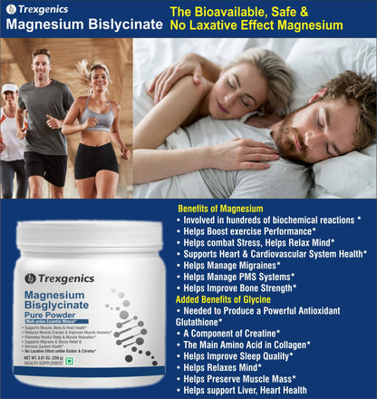 Trexgenics MAGNESIUM BISGLYCINATE PURE POWDER provides a highly bioavialble form of Magnesium, No Laxative effect, added benefits of the amino acid Glycine (Pack of 1)