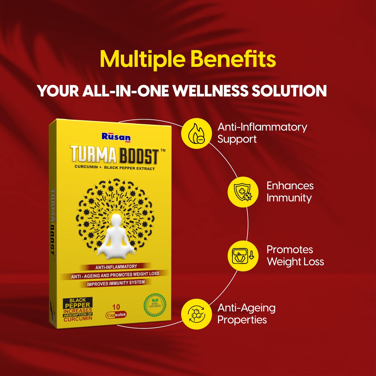 Rusan TURMA BOOST Curcumin 95% 400mg + Black Pepper Extract | 50 Capsules | Immunity & Joint Care | Anti-Inflammatory Support