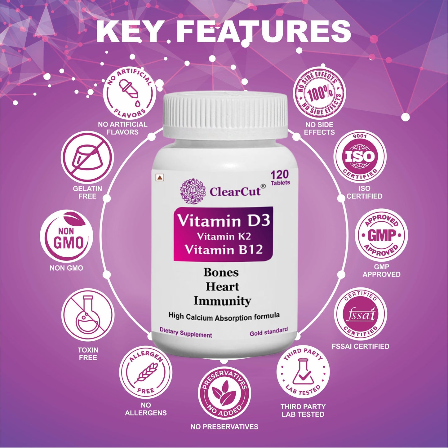 ClearCut Vitamin D3 K2 B12 Calcium tablet Joints bones Boosting Immunity supplement for men women 120