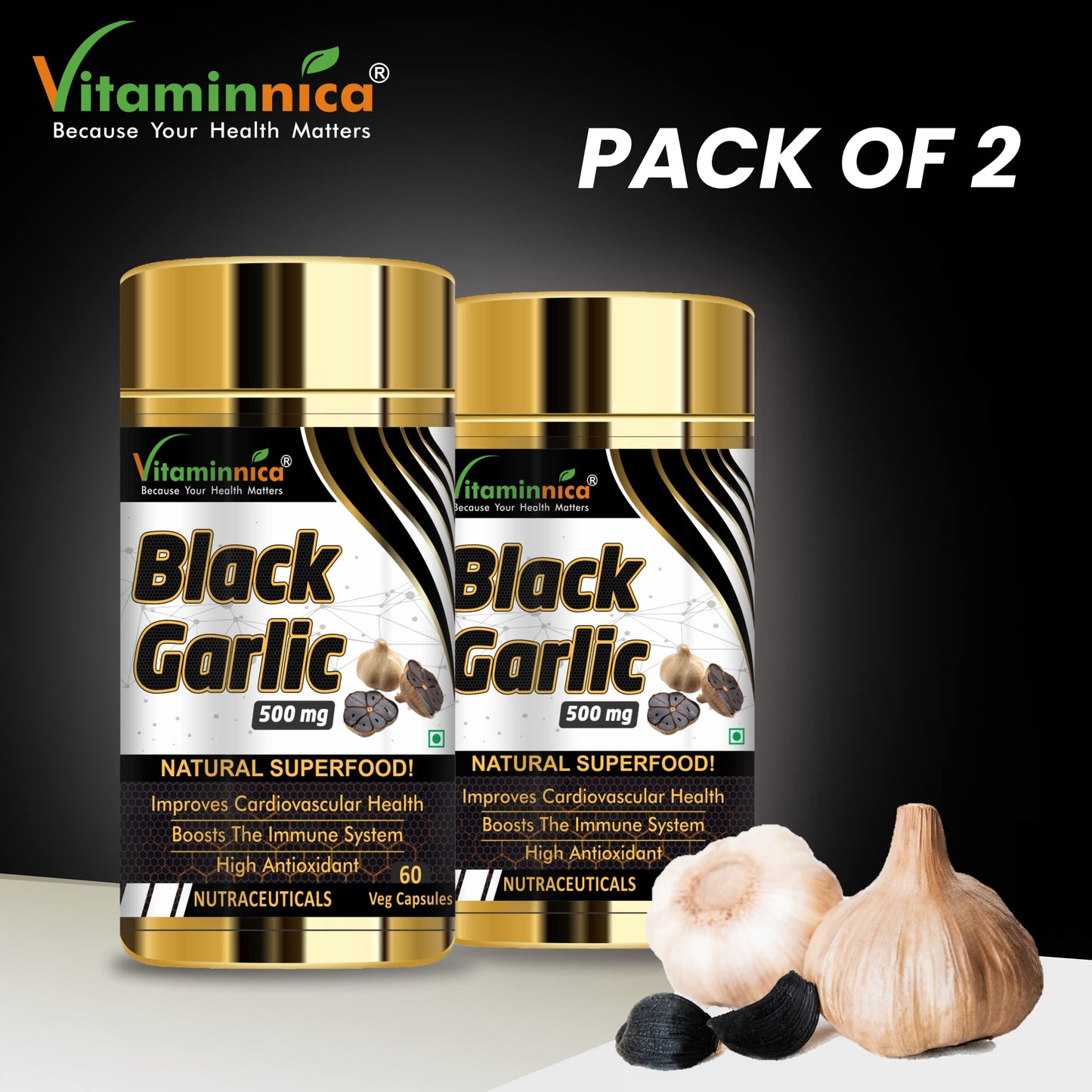 Vitaminnica 100% Natural Black Garlic Capsules Superfood Immunity Booster - Heart & Weight Management - Detox Antioxidant Supplement - 120 Veg Capsules (Pack of 2)