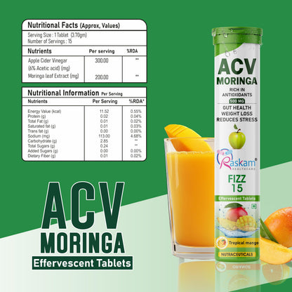 Raskam ACV Moringa Effervescent Tablets 500mg – Tropical Mango, Antioxidant Immunity Booster, Appetite & Energy Support, Sugar Free – 15 Fizz Tabs (Pack of 2)