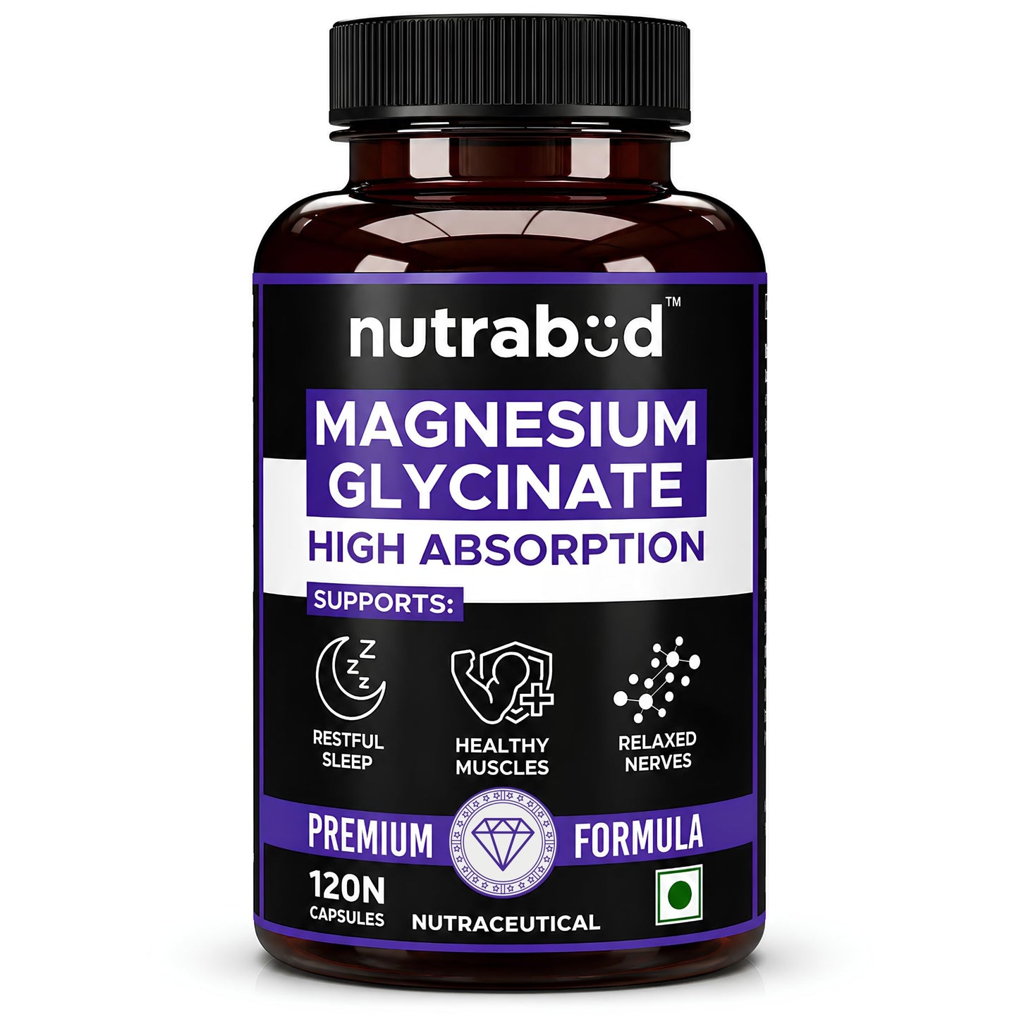 Nutrabud Magnesium Glycinate Supplement - 120 Vegetable Capsules - 550mg for Men, Women | High Absorption Chelated Form for Healthy Muscles, Nerves & Better Sleep (120 Count (Pack of 1))