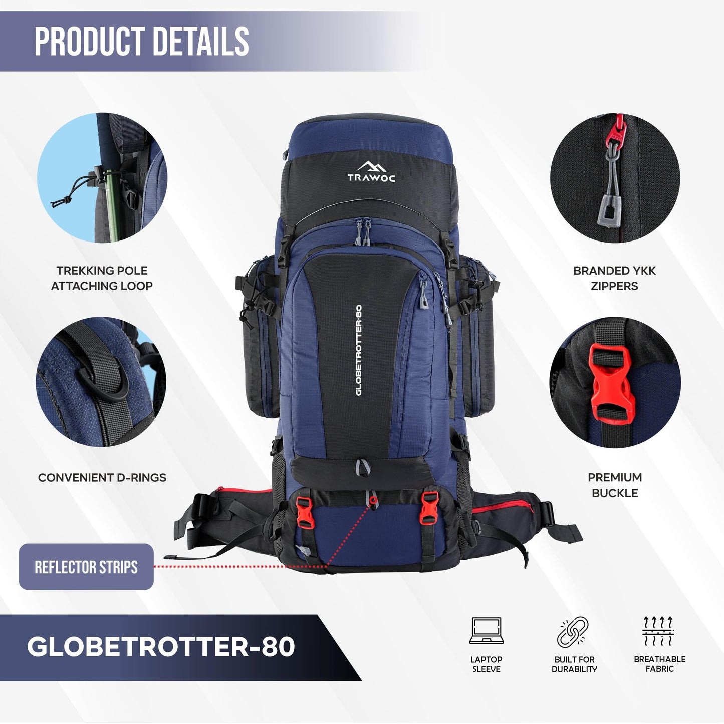 TRAWOC GLOBETROTTER 80 Liter (70+10) Internal Metal & Fiber Frame Rucksack Bag for Men & Women Trekking, Hiking Travel Backpack with Detachable Daypack, Rain Cover and Shoe Compartment, Navy Blue