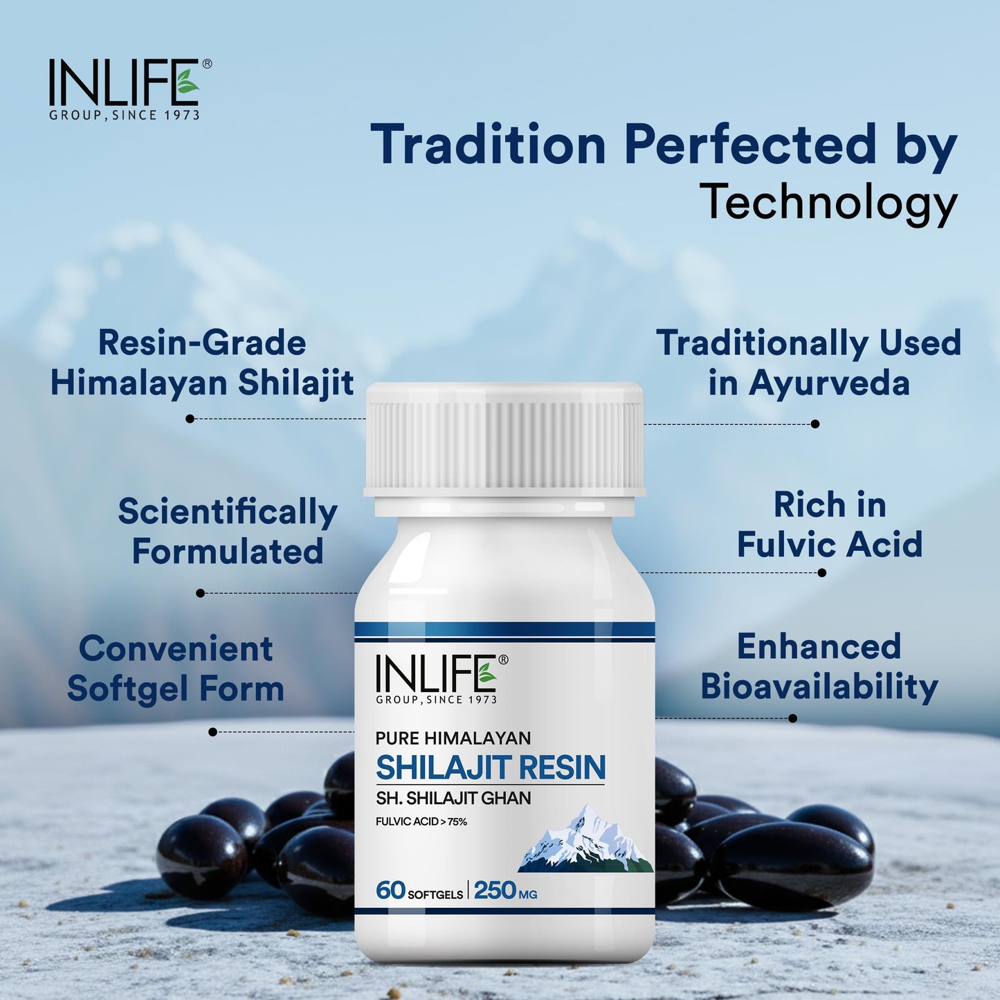 INLIFE Shilajit Resin 250mg, Himalayan Sourced 18000 ft, >75% Fulvic Acid 80+ Trace Minerals, Adaptogen Stamina Energy & Vitality, 60 Softgels