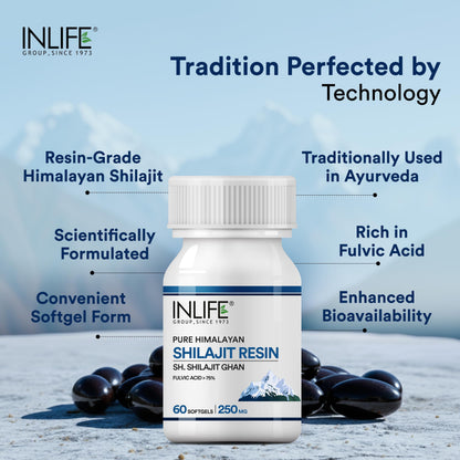 INLIFE Shilajit Resin 250mg, Himalayan Sourced 18000 ft, >75% Fulvic Acid 80+ Trace Minerals, Adaptogen Stamina Energy & Vitality, 60 Softgels
