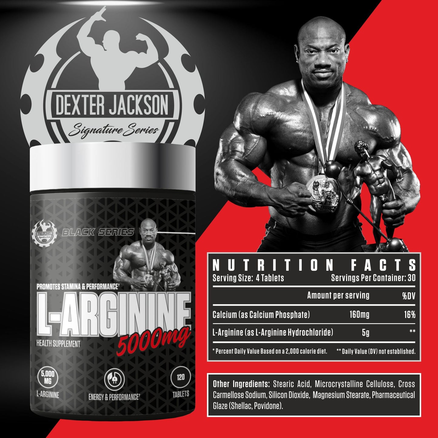 Dexter Jackson Signature Series Black Series L-Arginine - 5000Mg | Health Supplement | 30 Servings, 120 Tablets