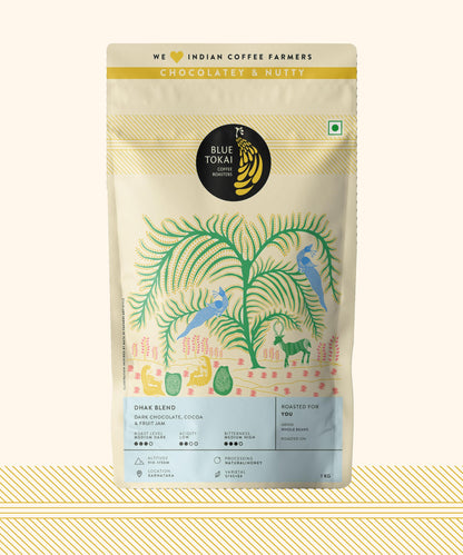 Blue Tokai Coffee Roasters Dhak Blend - Dark Roast | Whole Bean 1Kg Pouch | Premium Coffee Blend | 100% Arabica Beans | Specialty Coffee | Freshly Roasted Coffee