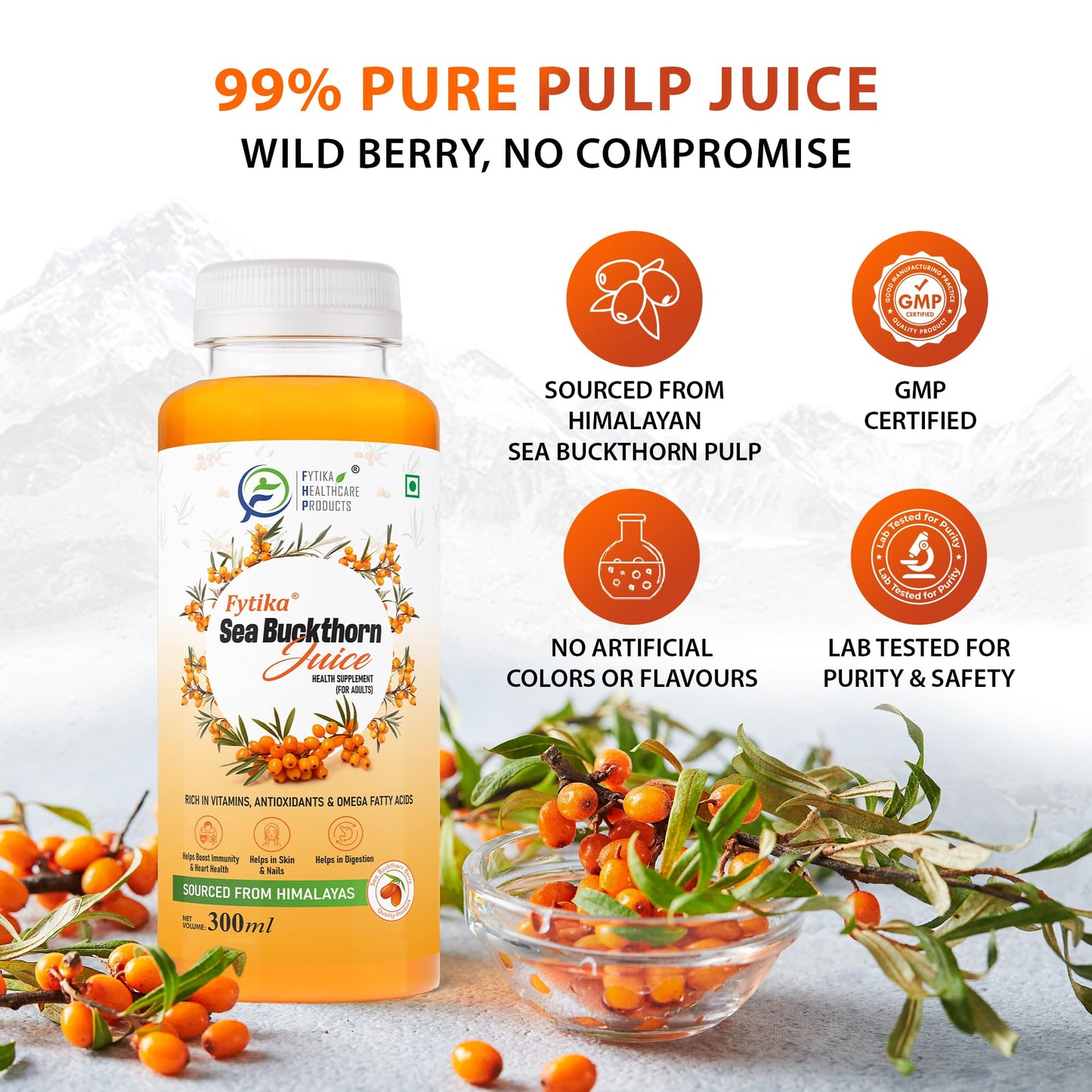Fytika Himalayan Seabuckthorn Berry Juice – 300ml | Rich in Omega 3, 6, 7, 9 & Vitamin C – Boosts Immunity, Skin Glow & Heart Health | Natural Herbal Juice (Pack of 1)