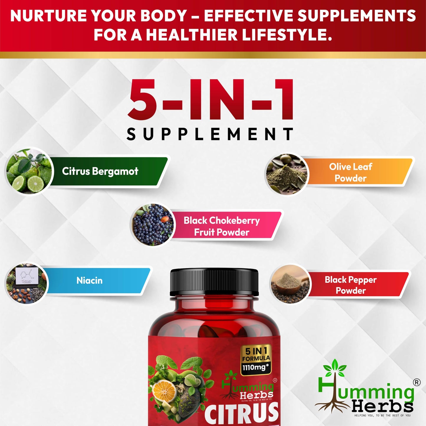 Humming Herbs Citrus Bergamot Capsules 15500mg | Supports Healthy Cholesterol & Heart Function | Enriched with Black Chokeberry, Olive Leaf & Black Pepper | 90 Veg Capsules