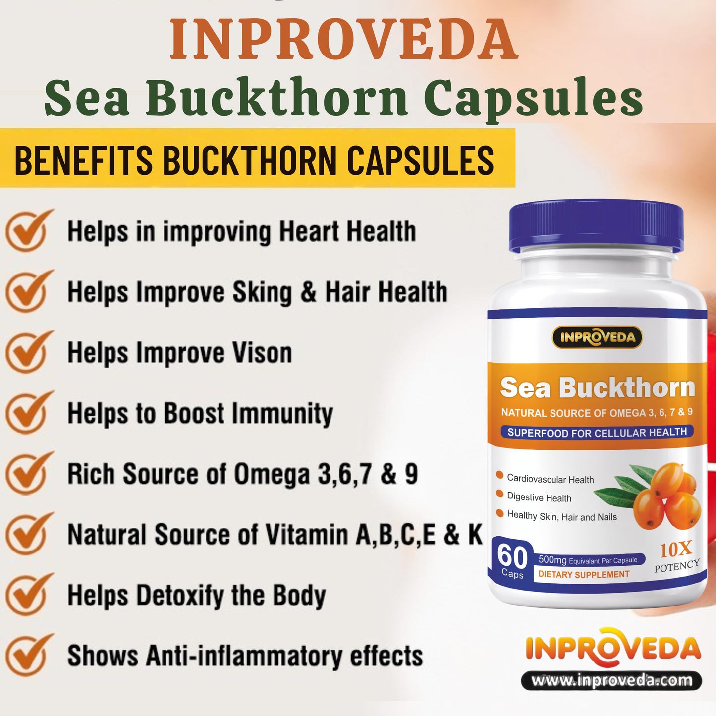 Sea Buckthorn 500mg Capsules for Daily Wellness & Skin Nutrition | Natural Herbal Supplement for Active Lifestyle & Overall Health Support | Monthly Pack - 60Capsules