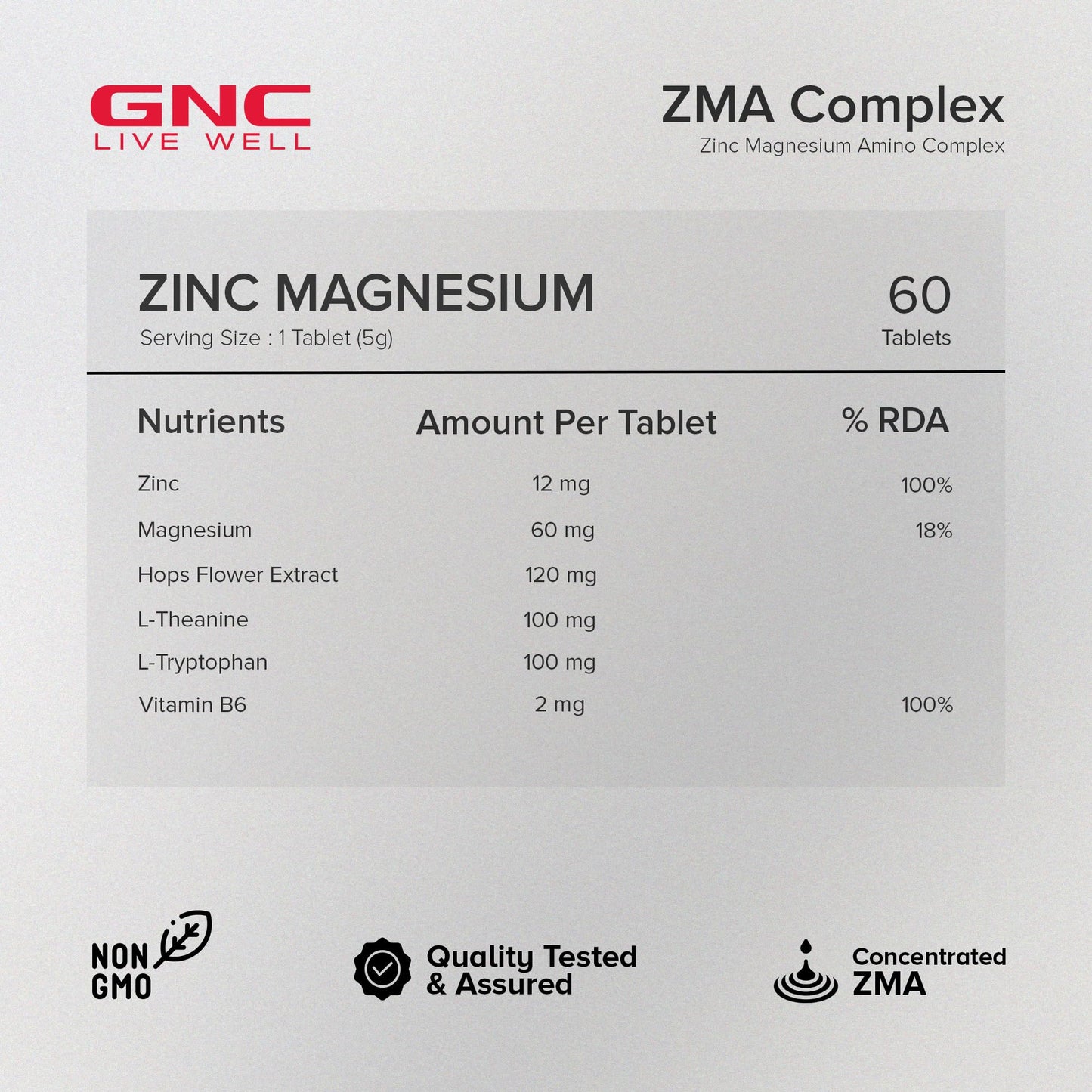 GNC Zinc Magnesium Complex (ZMA) with Vitamin B6, L-Theanine, L-Tryptophan & Hops Flower Extract | 60 Veg Tablets | Supports Restful Sleep, Calmness & Nerve Function | USA Formulated