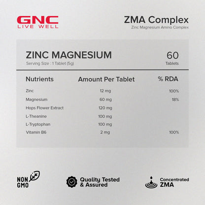 GNC Zinc Magnesium Complex (ZMA) with Vitamin B6, L-Theanine, L-Tryptophan & Hops Flower Extract | 60 Veg Tablets | Supports Restful Sleep, Calmness & Nerve Function | USA Formulated