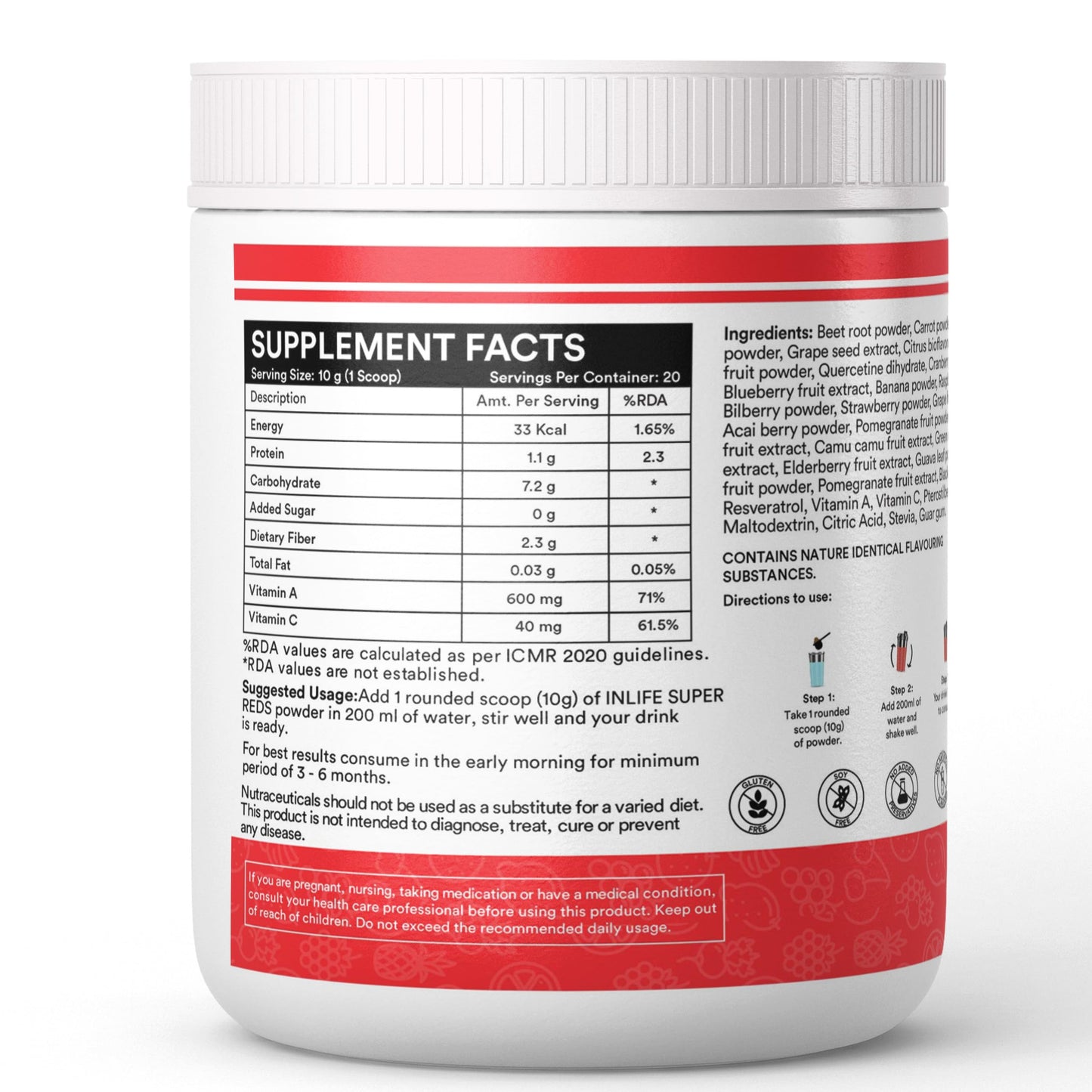 INLIFE Super Reds Powder | Antioxidant-Rich Superfood Supplement Drink Mix | 20 Super Fruits, Beets & Berries 200g (Super Reds)