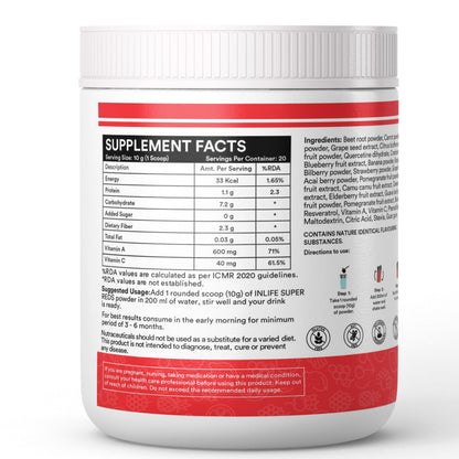 INLIFE Super Reds Powder | Antioxidant-Rich Superfood Supplement Drink Mix | 20 Super Fruits, Beets & Berries 200g (Super Reds)
