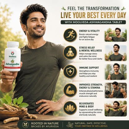 Moolveda Ashwagandha Tablets | Energy, Stress Relief and Immune Support | Improves Strength, Energy & Overall Wellbeing | Rejuvenates Mind & Body | 60 Veg Tablets (Pack Of 2)
