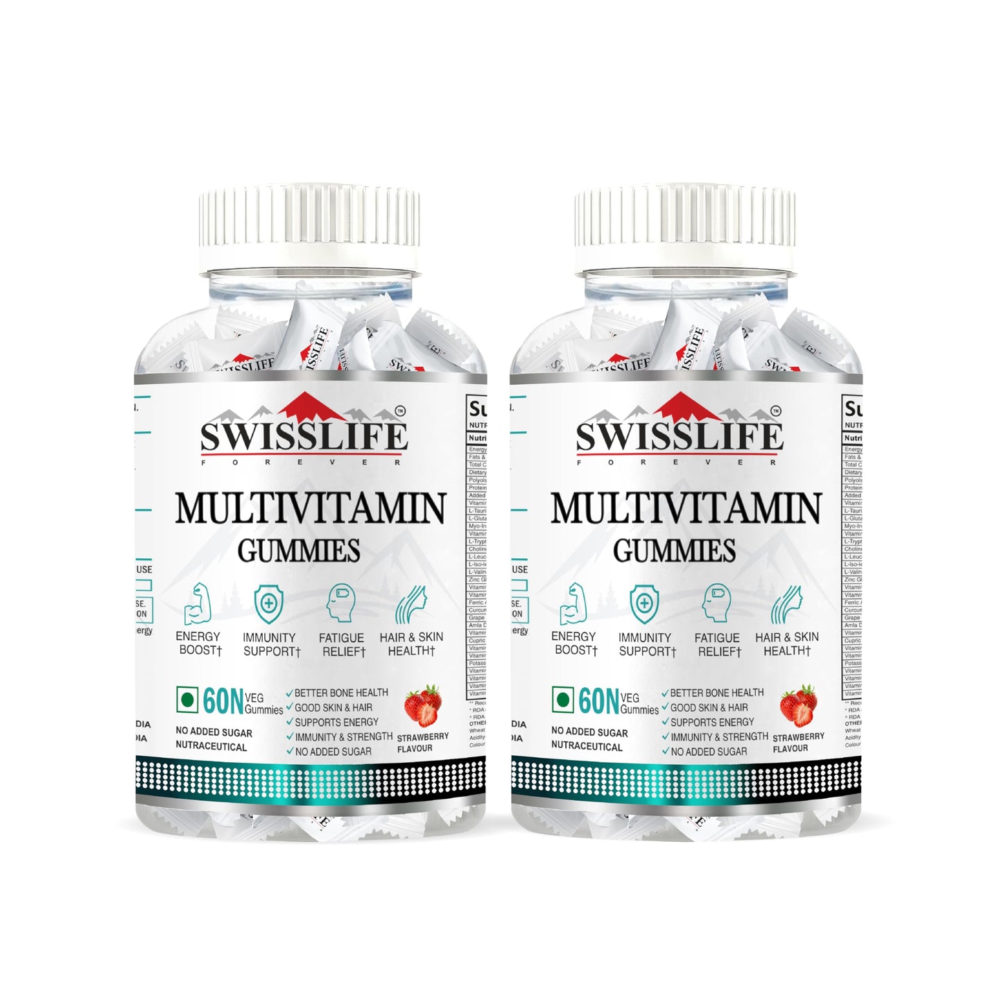 SWISSLIFE FOREVER Multivitamin Gummies | Micronutrients Vitamin C,A,D,E,B6,B9,B12 | Sugar-free | Enhances Immunity and Overall Health | Strawberry Flavour for Men & Women (60 Gummies Combo)