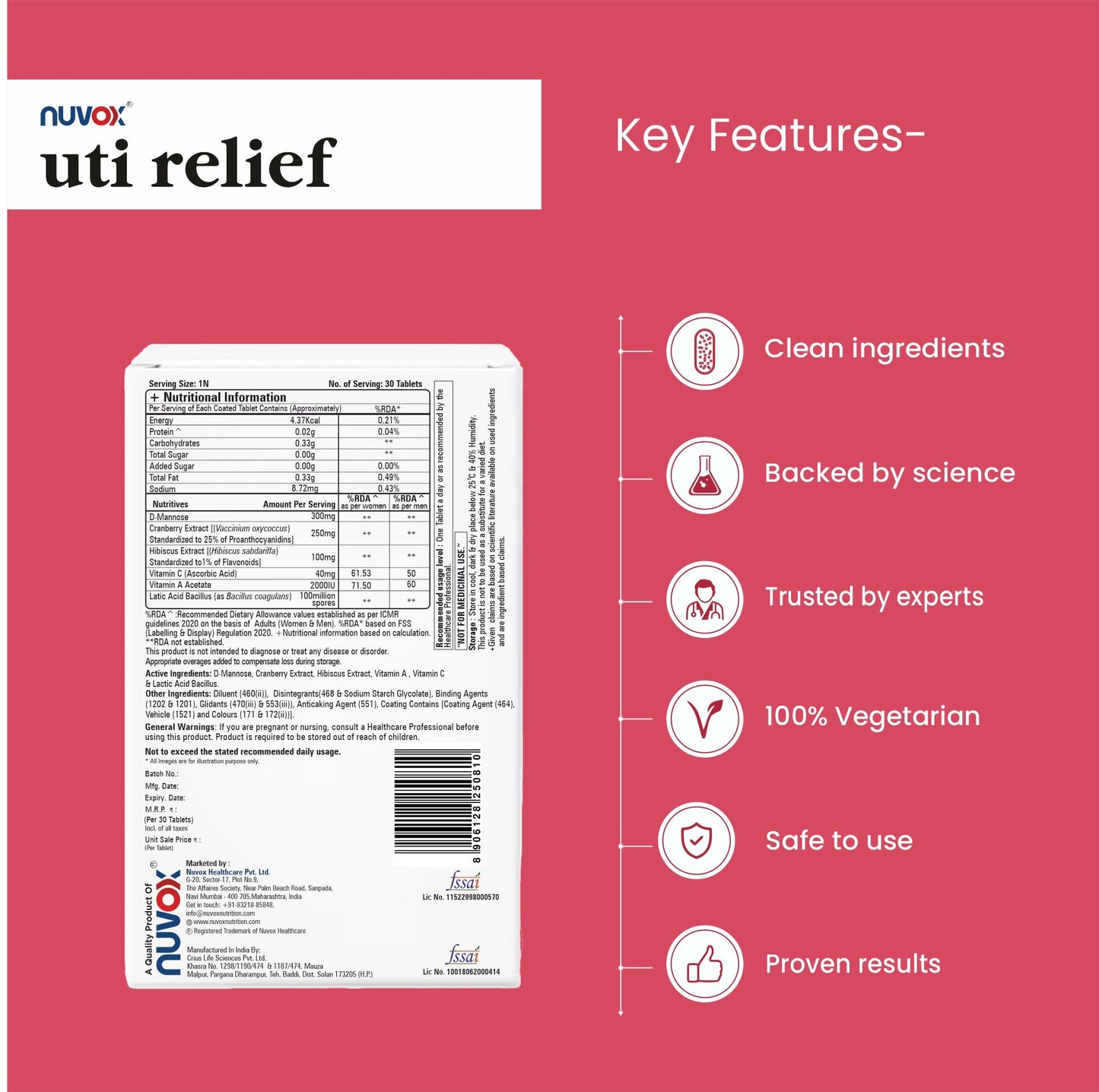 Nuvox UTI Relief- Advanced Urinary Tract Support with Cranberry, D-Mannose & Hibiscus Extract (30 tabs in 1 Pack)