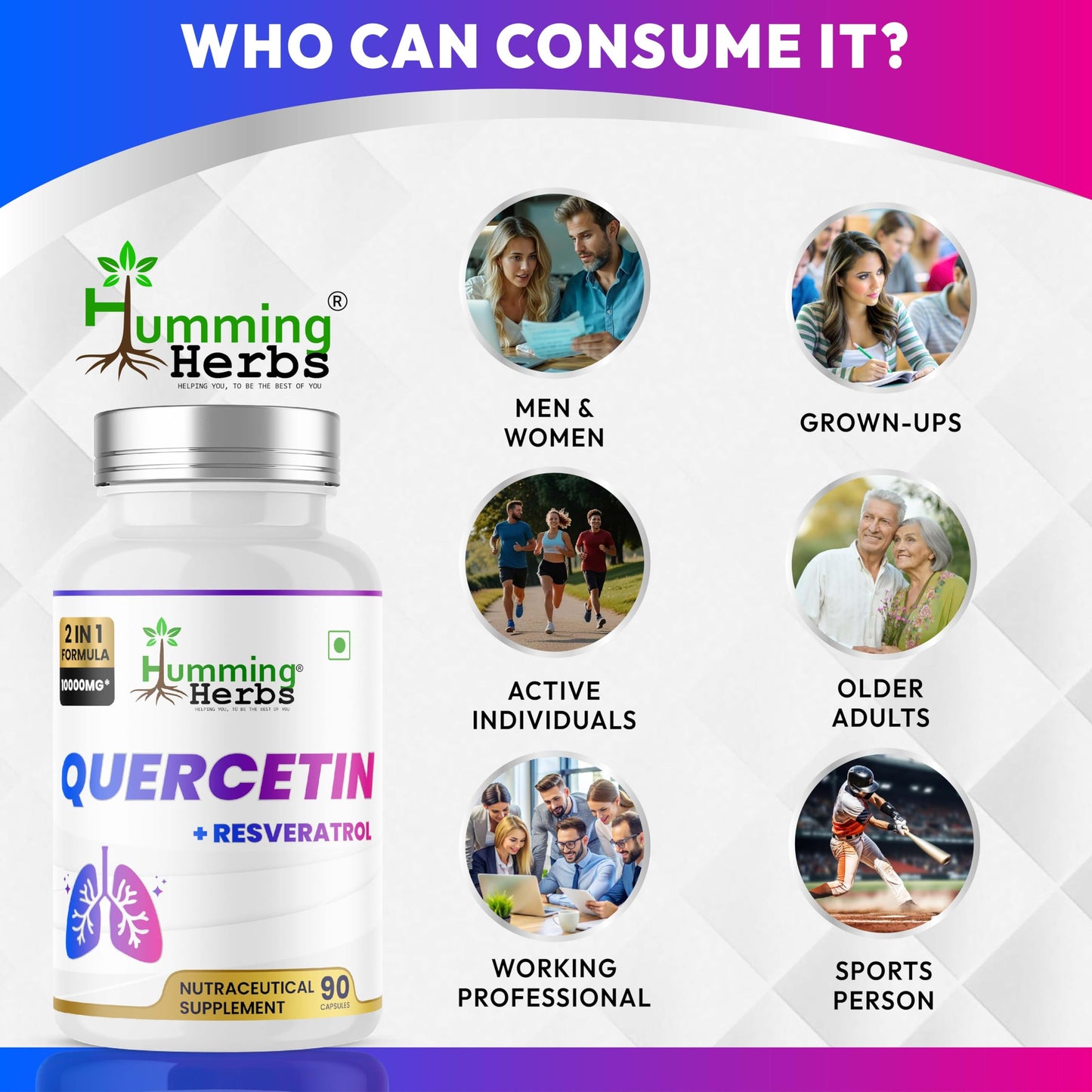 Humming Herbs Quercetin with Resveratrol Capsules | 2-in-1 Formula | 10,000 mg Potency | Supports Immune Health, Respiratory Function & Anti-Inflammatory Benefits | Vegan, 90 Capsules