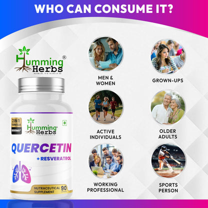 Humming Herbs Quercetin with Resveratrol Capsules | 2-in-1 Formula | 10,000 mg Potency | Supports Immune Health, Respiratory Function & Anti-Inflammatory Benefits | Vegan, 90 Capsules