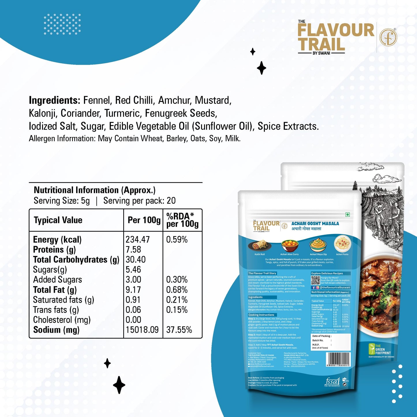 The Flavour Trail Pure & Natural Achari Gosht Masala | The Perfect Pickled Spice Mix for Mutton, Chicken & Lamb| No Additives |Steam-Sterilized|
