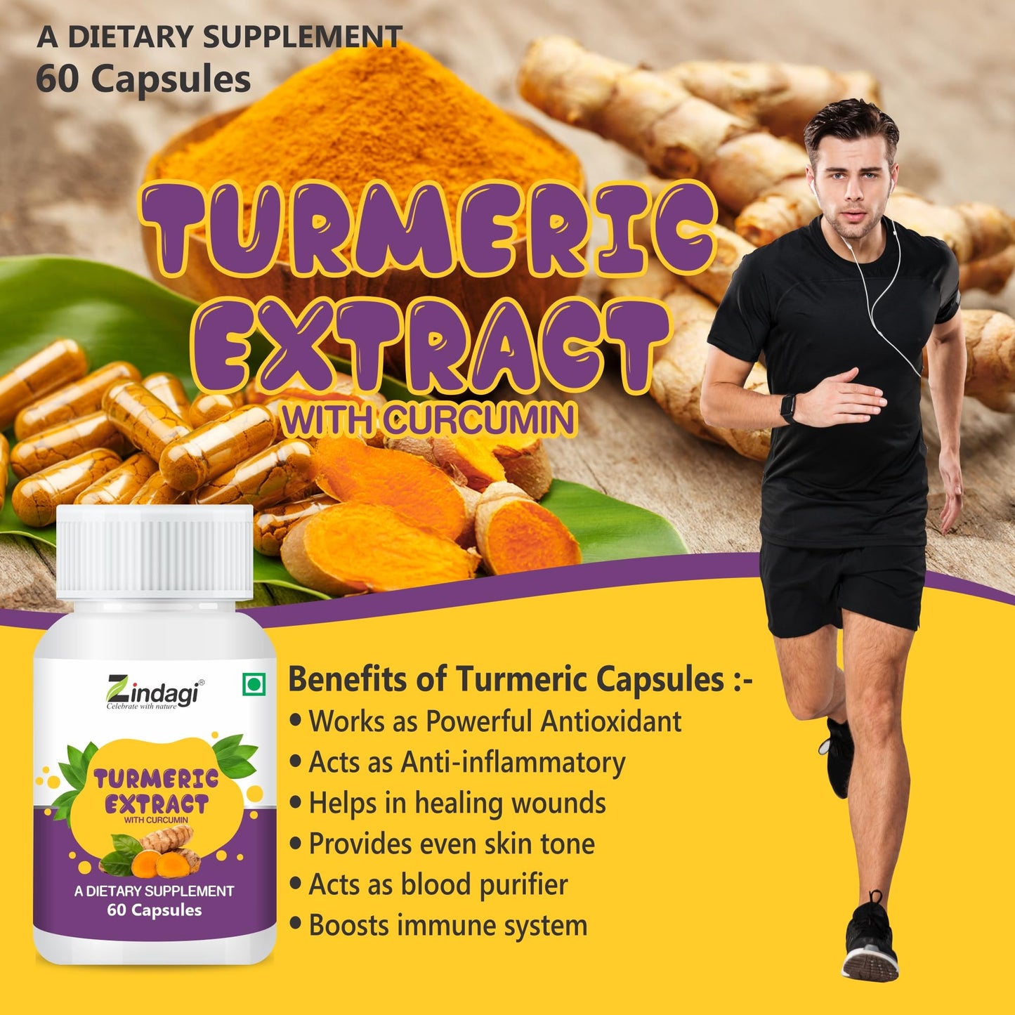 Zindagi Turmeric Extract Capsules With Curcumin | Maintain Healthy Joints |Powerful Antioxidant | 60 Capsules |Pack of 3