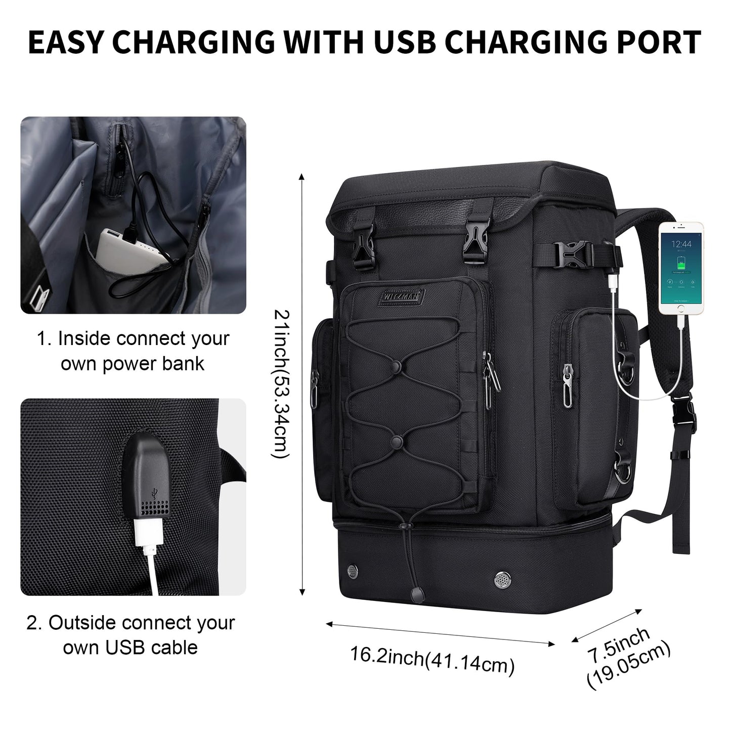WITZMAN Travel Backpack for Men Carry on Bags for Airline Approved Convertible Duffle Luggage Backpack with Shoe Compartment（B691 Black）