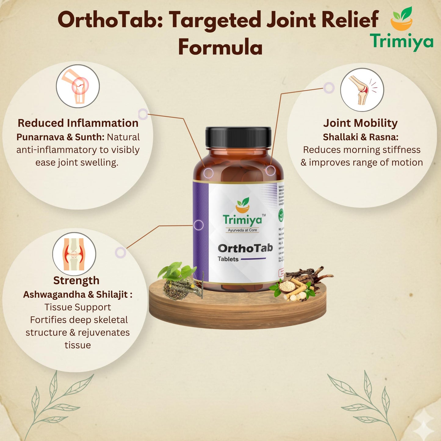 Trimiya OrthoTab Ayurvedic Joint Pain Relief Tablets | With Shallaki, Ashwagandha & Mahayograj Guggul | For Knee, Back & Muscular Pain Relief | Enhances Bone Strength & Flexibility | 60 Tablets