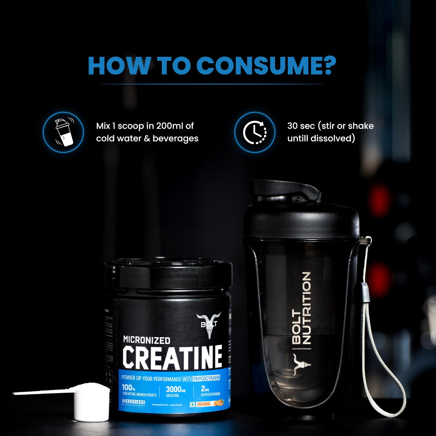 Bolt Micronised Creatine Monohydrate 3000 Powder|With Phycocyanine|Boosts Athletic Performance|Provides Energy Support For Heavy Workout|Formulated In Usa| 250 grams (0.55Lb),83 Serving|Unflavored