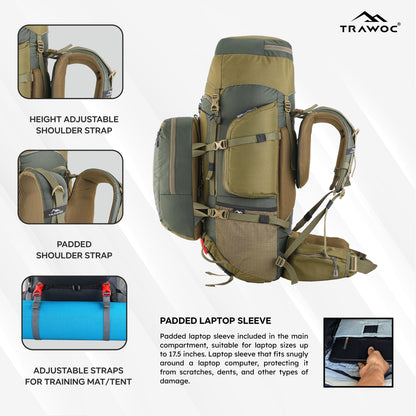 TRAWOC GLOBETROTTER 80 Liter (70+10) Internal Metal & Fiber Frame Rucksack Bag for Men & Women Trekking, Hiking Travel Backpack with Detachable Daypack, Rain Cover and Shoe Compartment, Olive Green