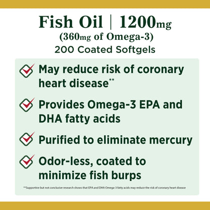 NATURE'S BOUNTY ODOR-LESS FISH OIL, 1200 MG, 350MG OF OMEGA-3, VALUE SIZE, 200 COATED SOFTGELS