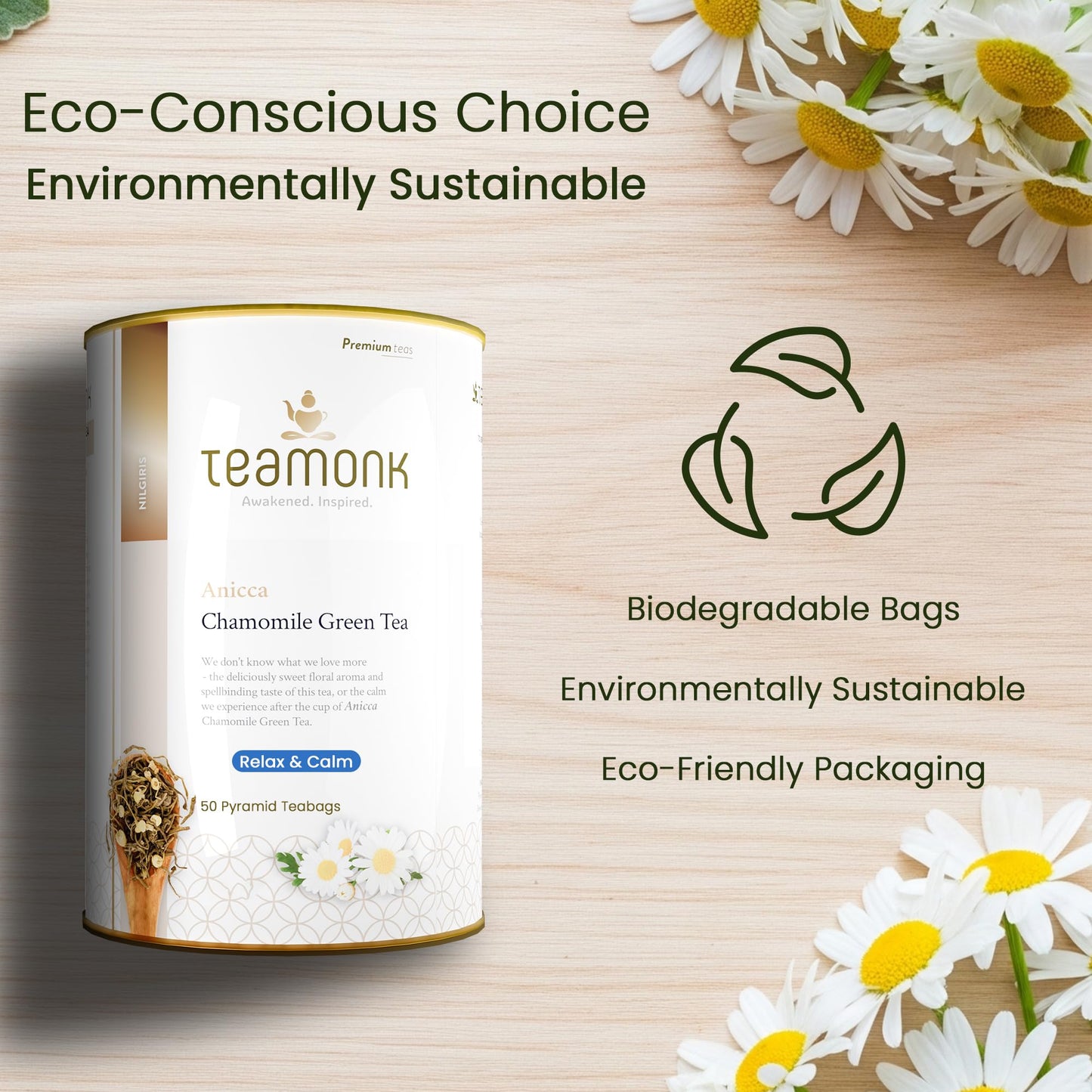 Teamonk Anicca High Mountain Chamomile Green Tea Bags (50 Pyramid Bags) | Relaxation & Sleep Aid, Rich in Antioxidants, Stress Relief | Gluten-Free, Eco-conscious | Calming Gifts For Anxiety