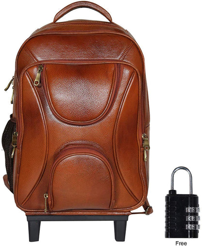 Da leather villa Leather Backpack For men office use (H 17x L 12x W 6) Inches with 16 inches laptop compartment (Tan Trolley)