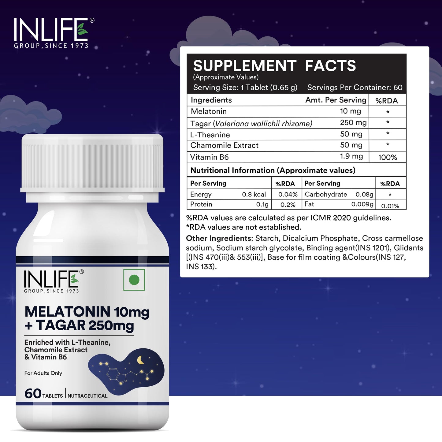 INLIFE Melatonin 10mg with Tagar 250mg | 60 Tablets | Enhanced with Vitamin B6 & Chamomile Extract | Non-Habit Forming (Pack of 1)