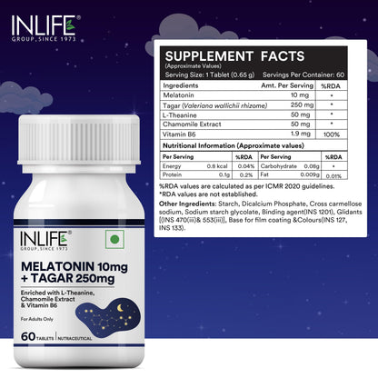 INLIFE Melatonin 10mg with Tagar 250mg | 60 Tablets | Enhanced with Vitamin B6 & Chamomile Extract | Non-Habit Forming (Pack of 1)