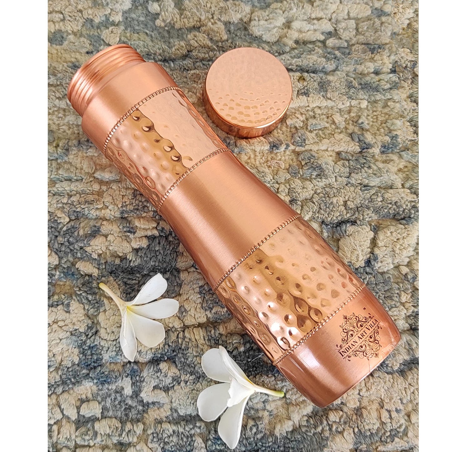 INDIAN ART VILLA Pure Copper Water Bottle With Half Lacquer Hammered Champion Design, Drinkware & Storage Purpose, Ayurvedic Health Benefits, Volume- 1000 ML