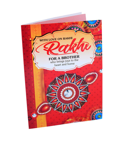 MANTOUSS Rakhi for Brother with Gift/Rakhi for Brother with Sweets/Set of 2 Rakhi for Brother-Kundan Rakhi+Fancy Rakhi+roli, chawal+Chocolate Box+Rakshabandhan Greeting Card