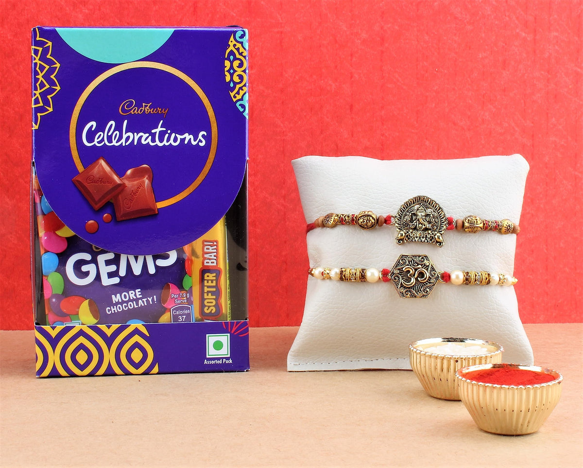 SFU E Com Cadbury Celebration Chocolates | Set of 2 Rakhi with Chocolates | Rakhi Cadbury Chocolate Hamper | Roli, Chawal, Chandan, Misri | 005