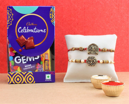 SFU E Com Cadbury Celebration Chocolates | Set of 2 Rakhi with Chocolates | Rakhi Cadbury Chocolate Hamper | Roli, Chawal, Chandan, Misri | 005