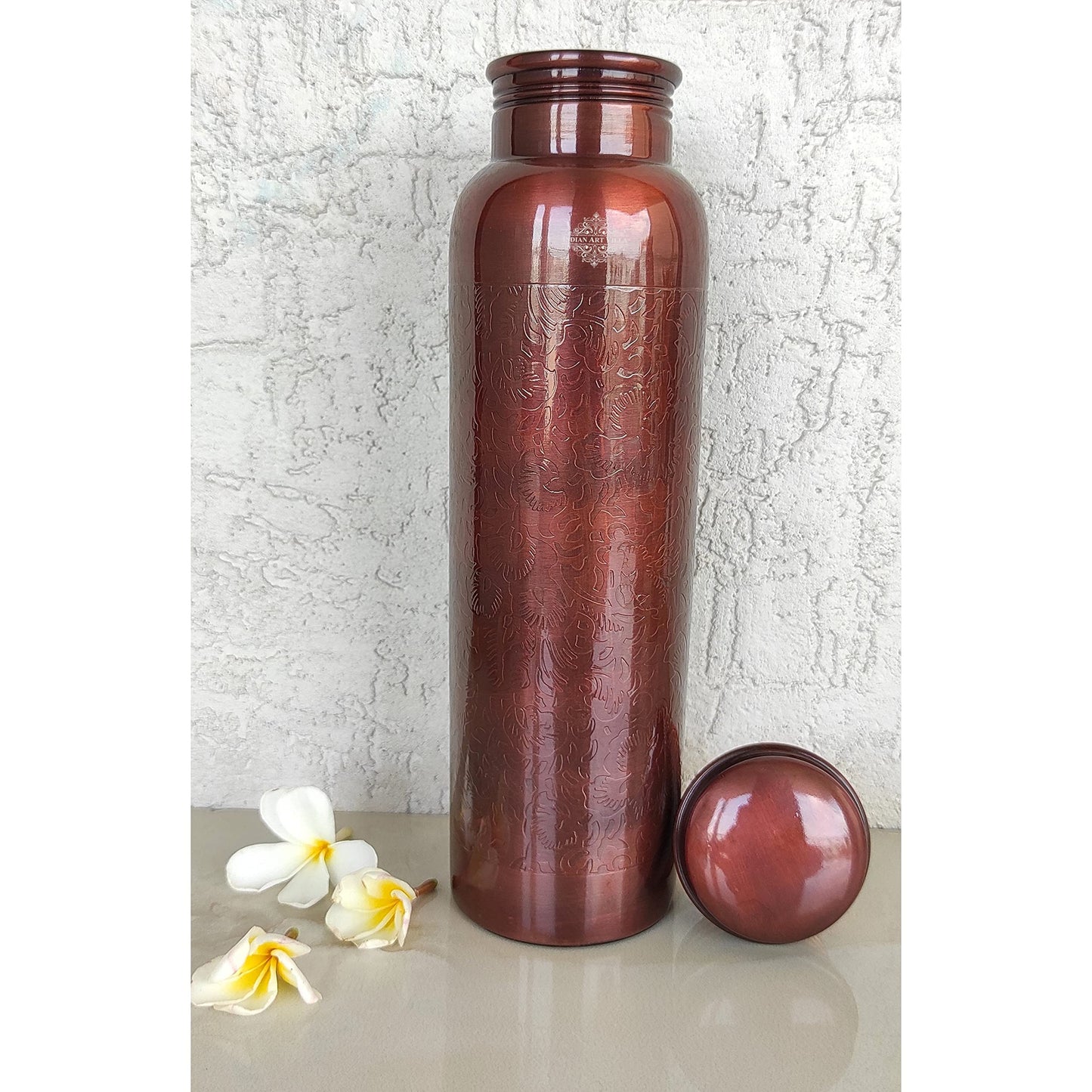 INDIAN ART VILLA Pure Copper Water Bottle with Antique Design, 1 litre Capacity, Drinkware & Storage (Pack of 2)