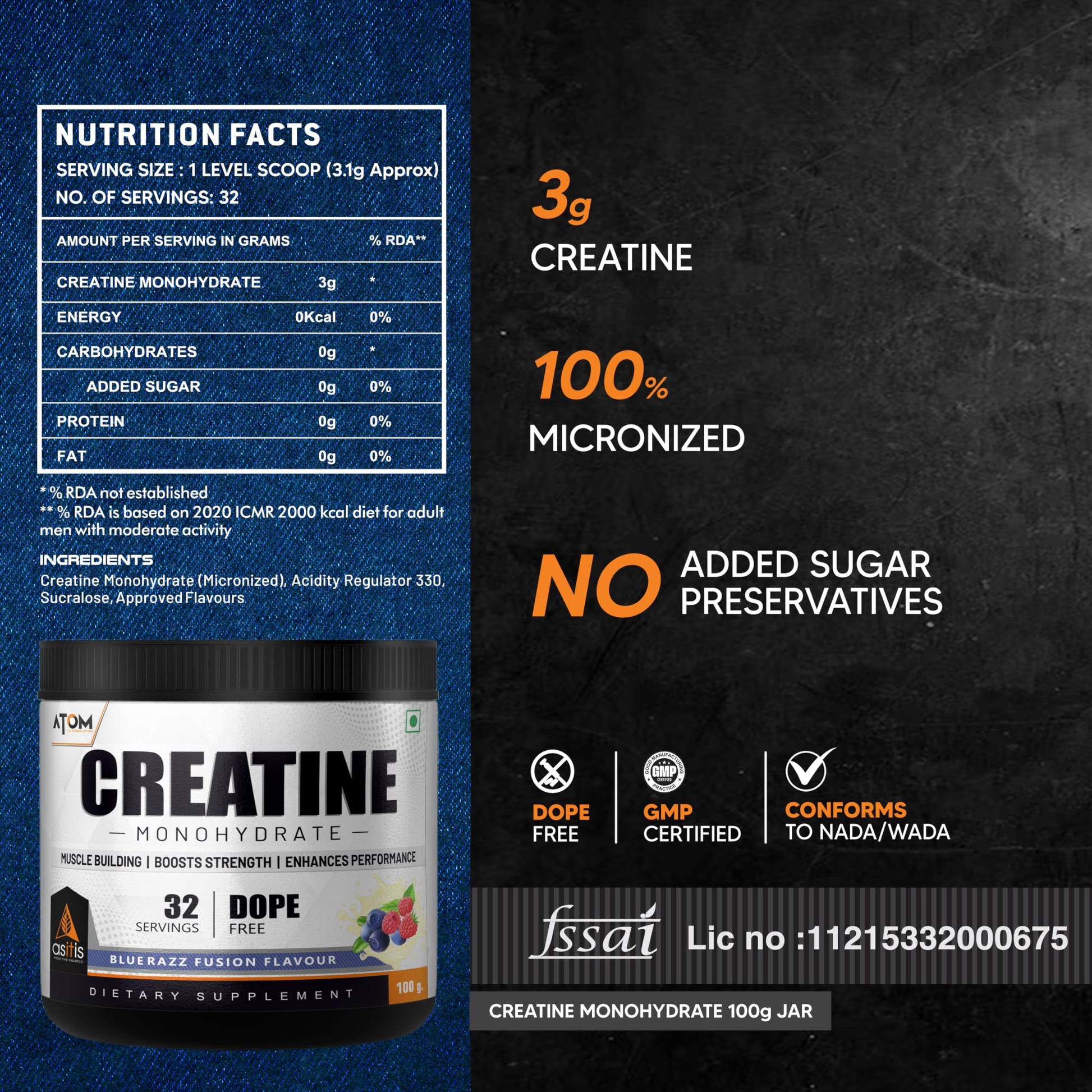 Asitis Nutrition Atom Creatine Monohydrate Powder 100G - 32 Serving| Bl- image 7
